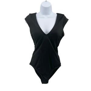 Kona Sol Black Swim Cap Sleeve One Piece S Ribbed V-neck Keyhole Back Beach